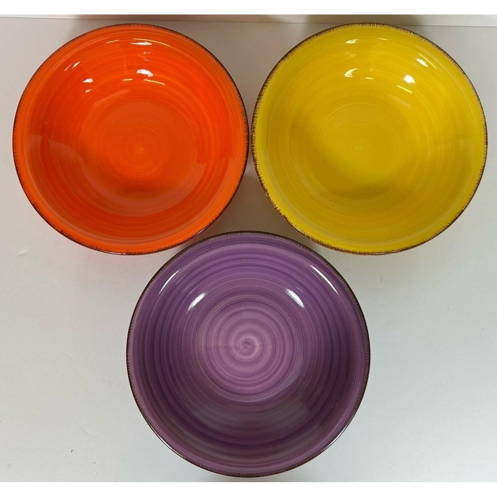 Vancasso Stoneware Bowls 8 1/4" Soup/Pasta Bonita Set Of 3 Purple Yellow Orange